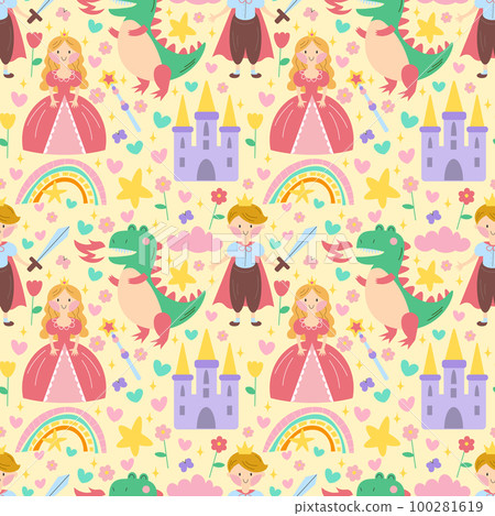 Princess seamless pattern with prince, dragon, castle, rainbow in scandinavian style. Creative vector childish background for fabric, textile, poster, clothing, nursery wall art and card. EPS Princess seamless pattern with prince, dragon, castle, rainbow in scandinavian style. Creative vector childish background for fabric, textile, poster, clothing, nursery wall art and card. EPS 100281619