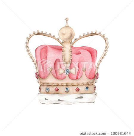 Watercolor hand draw illustration royal gold crown with precious stones sapphire and emerald. Coranation, king, queen. Isolated on white background. Watercolor hand draw illustration royal gold crown with precious stones sapphire and emerald. Coranation, king, queen. Isolated on white background. 100281644
