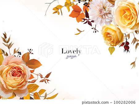 Elegant, floral autumn card design. Vector fall watercolor yellow peach orange rose flowers, cream dahlia, burgundy red eucalyptus leaves branches bouquet frame, border illustration. Editable template 100282006