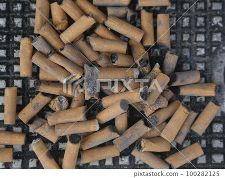 a lot of burnt cigarette butts with some ash a lot of burnt cigarette butts with some ash 100282125