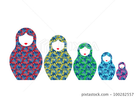 Russian nesting dolls Matryoshka. Babushka doll. Matryoshka set family with colorful floral modern ornament, vector illustration isolated or white background Russian nesting dolls Matryoshka. Babushka doll. Matryoshka set family with colorful floral modern ornament, vector illustration isolated or white background 100282557