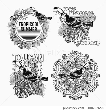 Set of monochrome labels with toucan bird, tropical foliage, orchid, text on white background. Holiday summer theme. Detailed illustration for prints, clothing, t shirt design 100282658