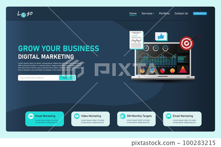Digital Marketing web template, realistic laptop, web template for business and social media marketing, website, viral, target marketing, seo, keywords, internet marketing, vactor website template 100283215