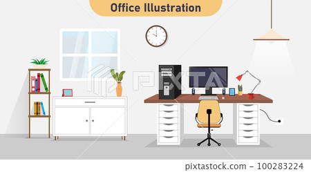 Indoor home office interior. Office workstation furniture interior concept. Vector flat graphic design cartoon illustration Indoor home office interior. Office workstation furniture interior concept. Vector flat graphic design cartoon illustration 100283224