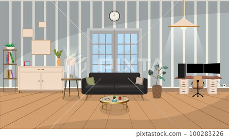 House interior with sofa. Home office working space computer table. House interior with sofa. Home office working space computer table. 100283226