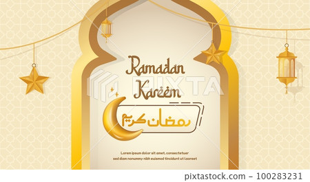 Beautiful Ramadan Kareem design with mosque door, Islamic holy month of Ramadan Mubarak with retro boho design. Hanging Gold Lanterns, arabic lamps, lanterns moon, star, art vector and illustration. 100283231