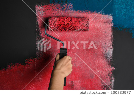 Woman painting grey wall with pink dye, closeup 100283977