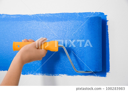 Woman painting white wall with blue dye, closeup. Interior renovation 100283983