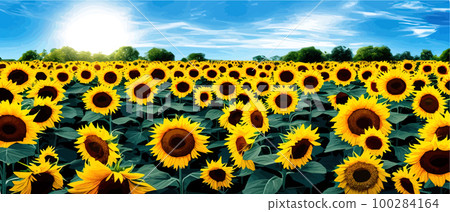 Sunflower blossom farm overlooking blue sky summer season landscape banner, cut and craft style, organic plants 100284164