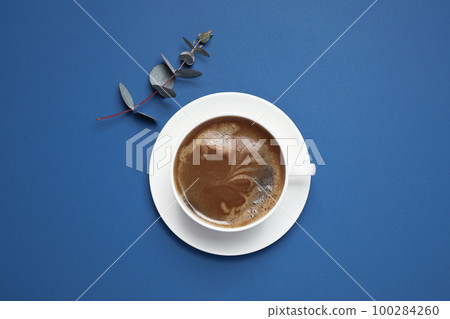 Classic black coffee and eucalyptus on blue background, top view. Color of the year 2020 100284260