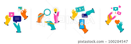 Collection of colorful hands holding stuff. Business, social media, communication theme website Collection of colorful hands holding stuff. Business, social media, communication theme website 100284547