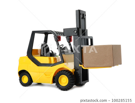 Toy forklift with box isolated on white. Logistics and wholesale concept 100285155