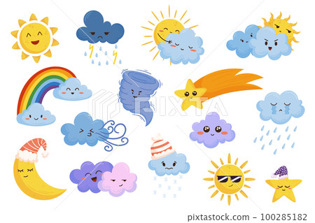 Cartoon Weather Characters Depicting Various Weather Conditions Sun, Rain, Snow, Thunderstorm, And Wind 100285182