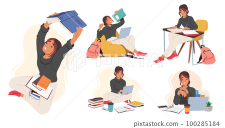 Set Student Girl Character in Different Situations Learning, Prepare for Exam, Work on Laptop, Sitting at Desk with Book 100285184