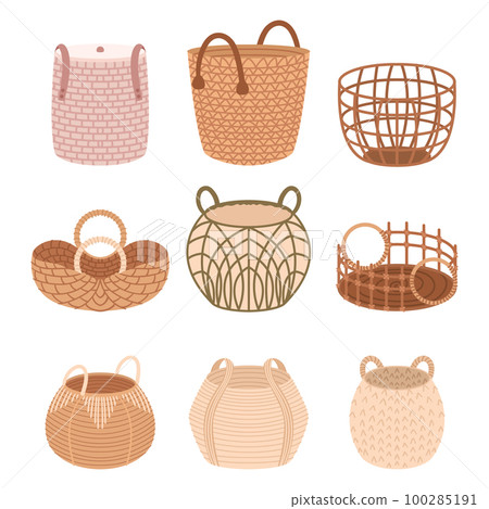 Wicker Baskets Set In Different Sizes And Shapes, Crafted With Natural Materials Like Rattan, Bamboo, Or Willow Wicker Baskets Set In Different Sizes And Shapes, Crafted With Natural Materials Like Rattan, Bamboo, Or Willow 100285191