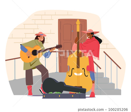 Musicians Perform Outdoor Show On City Street Playing Guitar And Double Bass For Pedestrians Vector Illustration 100285206