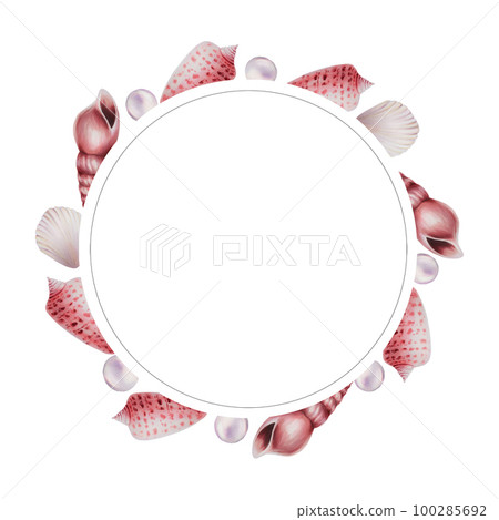 Watercolor frame with shells and pearls. Hand painting clipart underwater life objects on a white isolated background. For designers, decoration, postcards, wrapping paper, scrapbooking, covers 100285692