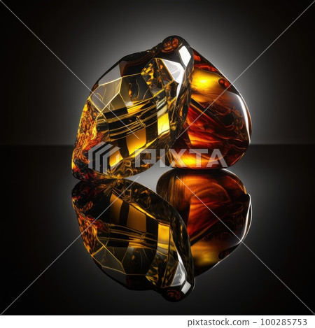 Amber Crystal, Golden Amber Pebble on Black Generative AI Illustration 100285753