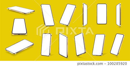 Golden mobile phone mockups in realistic style and different angles Golden mobile phone mockups in realistic style and different angles 100285920