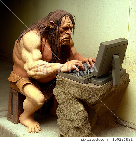 Ancient Stone Age Programmer, Prehistoric Programming, Neanderthal Man Working on Stone Computer, Generative AI Illustration 100285981