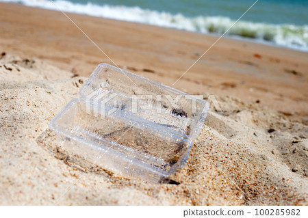 Plastic food container on the beach 100285982