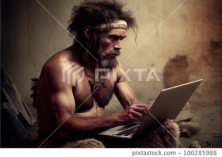Ancient Stone Age Programmer, Prehistoric Programming, Neanderthal Man Working on Stone Computer, Generative AI Illustration Ancient Stone Age Programmer, Prehistoric Programming, Neanderthal Man Working on Stone Computer, Generative AI Illustration 100285988