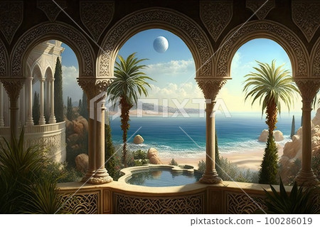 Arab Palace Sea View, Grand Hamam, Hotel, Luxurious Oriental Interiors, Abstract Generative AI Illustration 100286019