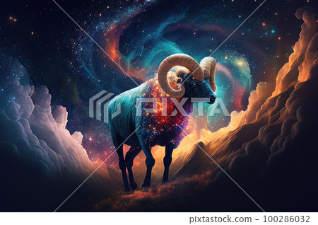 Aries Zodiac Sign, Horoscope Symbol, Magic Astrology Aries in Fantastic Night Sky, Generative AI Illustration 100286032