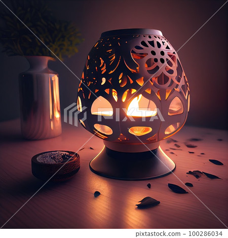 Aroma Lamp, Aromatherapy Lantern with Burning Candle, Essential Oil, Abstract Generative AI Illustration Aroma Lamp, Aromatherapy Lantern with Burning Candle, Essential Oil, Abstract Generative AI Illustration 100286034