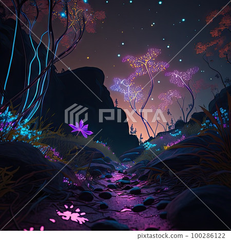 Magical Glowing Plants, Bioluminescence Forest Drawing Imitation, Abstract Generative AI Illustration 100286122