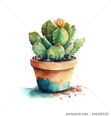 Watercolor Cactus in Pot, Mexican Cacti, Cute Succulent, Generative AI Illustration 100286530