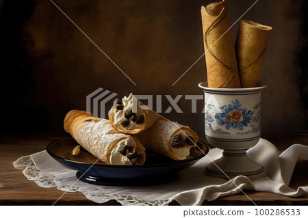 Still Life with Cannoli, Creamy Filling Cheese Cake, Vintage Painting, Abstract Generative Ai Illustration 100286533