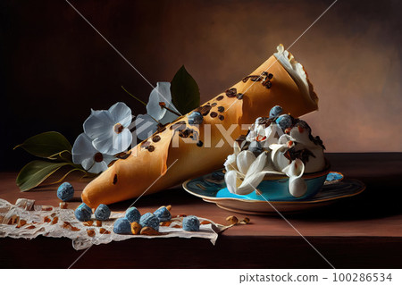 Still Life with Cannoli, Creamy Filling Cheese Cake, Vintage Painting, Abstract Generative Ai Illustration 100286534