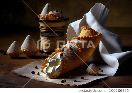 Still Life with Cannoli, Creamy Filling Cheese Cake, Vintage Painting, Abstract Generative Ai Illustration 100286535