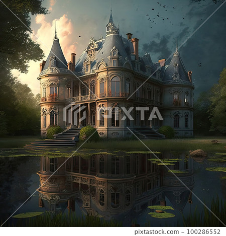 Medieval Haunted Castle, Gloomy Chateau, Drawing Imitation, Abstract Generative AI Illustration Medieval Haunted Castle, Gloomy Chateau, Drawing Imitation, Abstract Generative AI Illustration 100286552