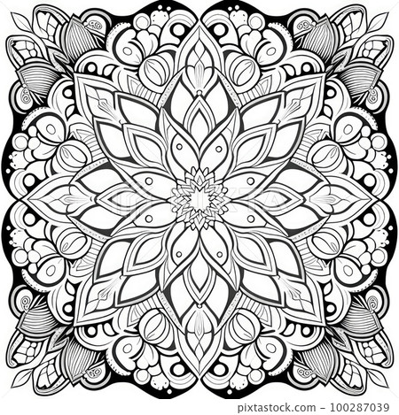 Flower Coloring Book, Black White Line Mandala, Coloring Flower, Abstract Generative AI Illustration Flower Coloring Book, Black White Line Mandala, Coloring Flower, Abstract Generative AI Illustration 100287039