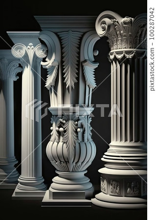 Stone Pillars Set, Old Roman Columns, Marble Greek Pillar, Rome Greece Architecture, Generative AI Illustration Stone Pillars Set, Old Roman Columns, Marble Greek Pillar, Rome Greece Architecture, Generative AI Illustration 100287042