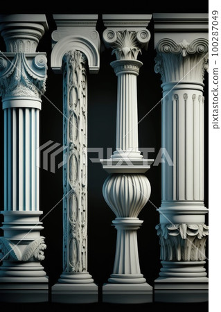 Stone Pillars Set, Old Roman Columns, Marble Greek Pillar, Rome Greece Architecture, Generative AI Illustration 100287049