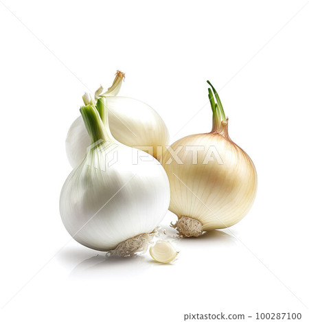 golden and white onion isolated on white background.Generative AI golden and white onion isolated on white background.Generative AI 100287100