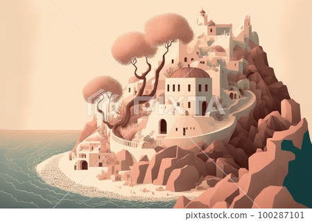A Lonely old Castle On a White Cliff in Sea, Cycladic Castle, Fabulous Citadel, Abstract Generative AI Illustration A Lonely old Castle On a White Cliff in Sea, Cycladic Castle, Fabulous Citadel, Abstract Generative AI Illustration 100287101