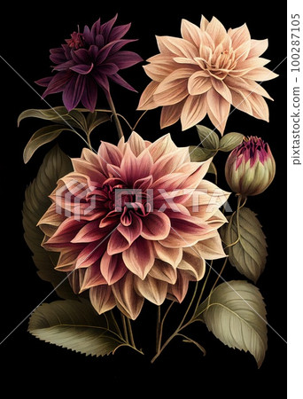 Dahlia Flower Botanical Illustration, Chrysanthemum Realistic Painting, Abstract Generative AI Illustration Dahlia Flower Botanical Illustration, Chrysanthemum Realistic Painting, Abstract Generative AI Illustration 100287105