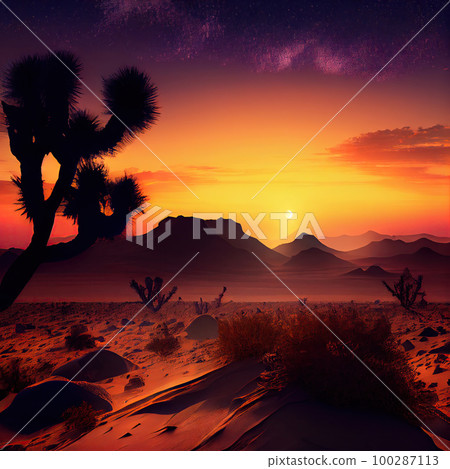 Sandy Desert Landscape, Tragic Mexican Sunset, Cactus Silhouettes on Red Background, Generative Ai Illustration 100287113
