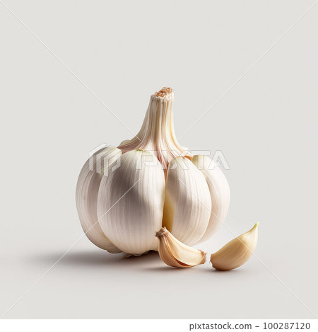 White garlic with cloves on a white background.Generative AI 100287120