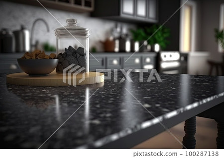 Black Marble Kitchen Countertop on Blurred Background, Luxury Marble Table Mockup, Generative AI Illustration 100287138