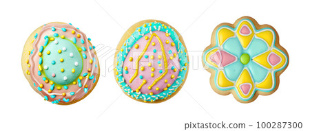 Easter Eggs Cookies with Royal Icing Isolated, Biscuit Color Eggs for Easter Design, Generative AI Illustration 100287300