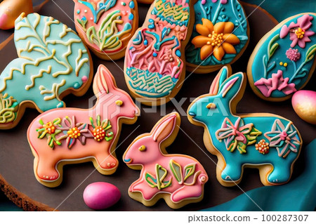 Easter Eggs Cookies with Royal Icing, Biscuit Color Eggs for Easter Design, Generative AI Illustration 100287307