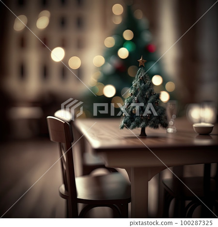 Wood Table on Blurred Christmas Tree Background, Festive Mockup, Dark Wood Table Top, Generative AI Illustration Wood Table on Blurred Christmas Tree Background, Festive Mockup, Dark Wood Table Top, Generative AI Illustration 100287325