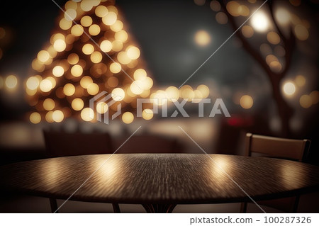 Wood Table on Blurred Christmas Tree Background, Festive Mockup, Dark Wood Table Top, Generative AI Illustration Wood Table on Blurred Christmas Tree Background, Festive Mockup, Dark Wood Table Top, Generative AI Illustration 100287326