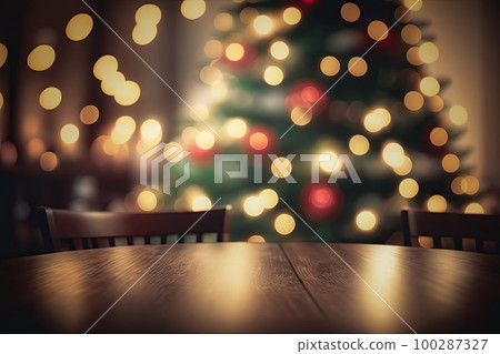 Wood Table on Blurred Christmas Tree Background, Festive Mockup, Dark Wood Table Top, Generative AI Illustration Wood Table on Blurred Christmas Tree Background, Festive Mockup, Dark Wood Table Top, Generative AI Illustration 100287327