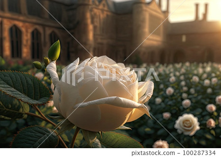 White Rose Close-up on a Blurry Background of an Ancient Castle, Abstract Generative AI Illustration White Rose Close-up on a Blurry Background of an Ancient Castle, Abstract Generative AI Illustration 100287334
